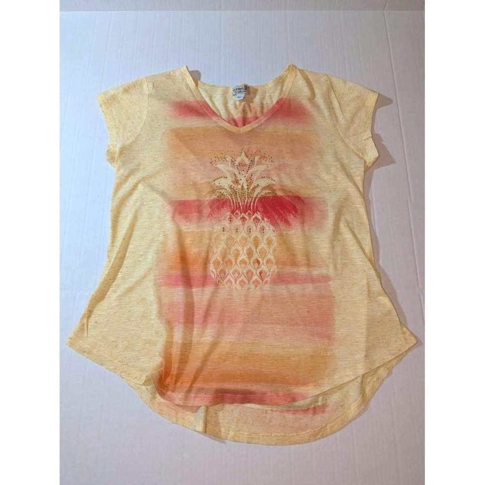 One World Live and Let Live Pineapple Top Medium‎ Yellow Pink Rhinestone Tee